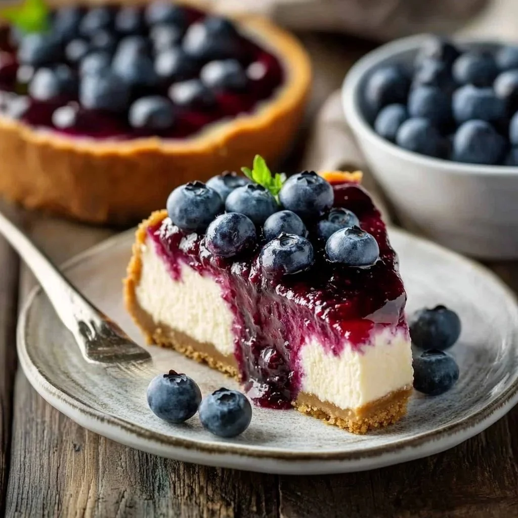 Slice of creamy blueberry cheesecake topped with fresh blueberries