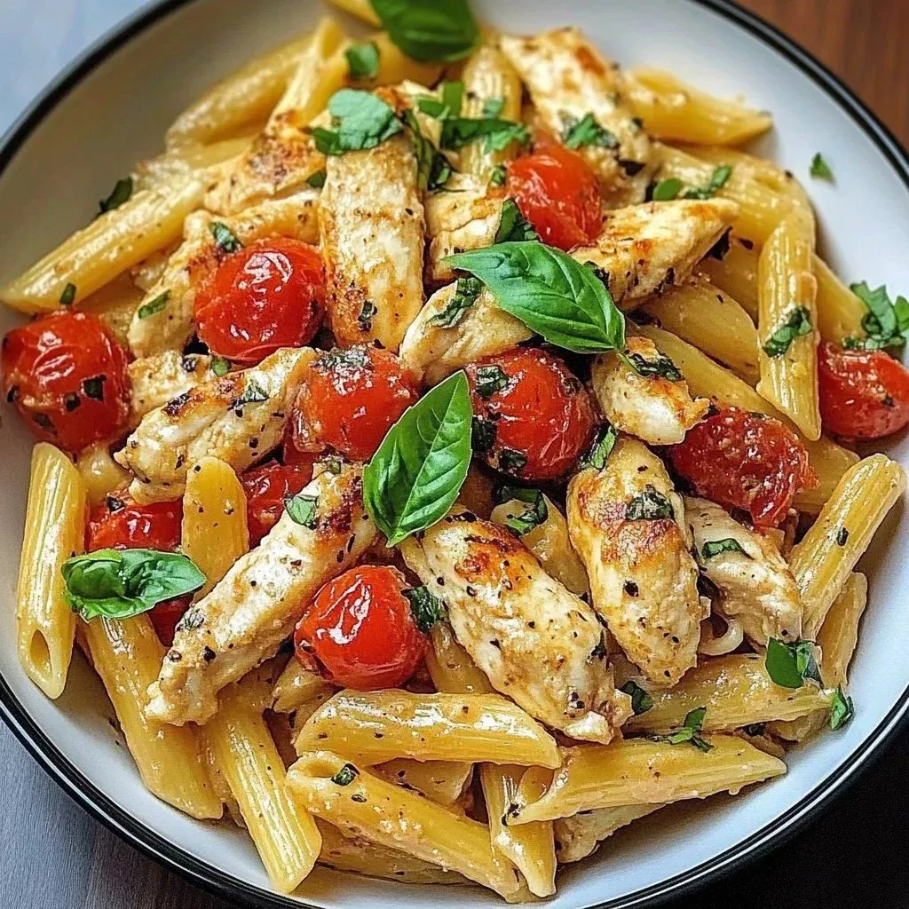 Creamy Bruschetta Chicken Pasta with fresh ingredients and herbs