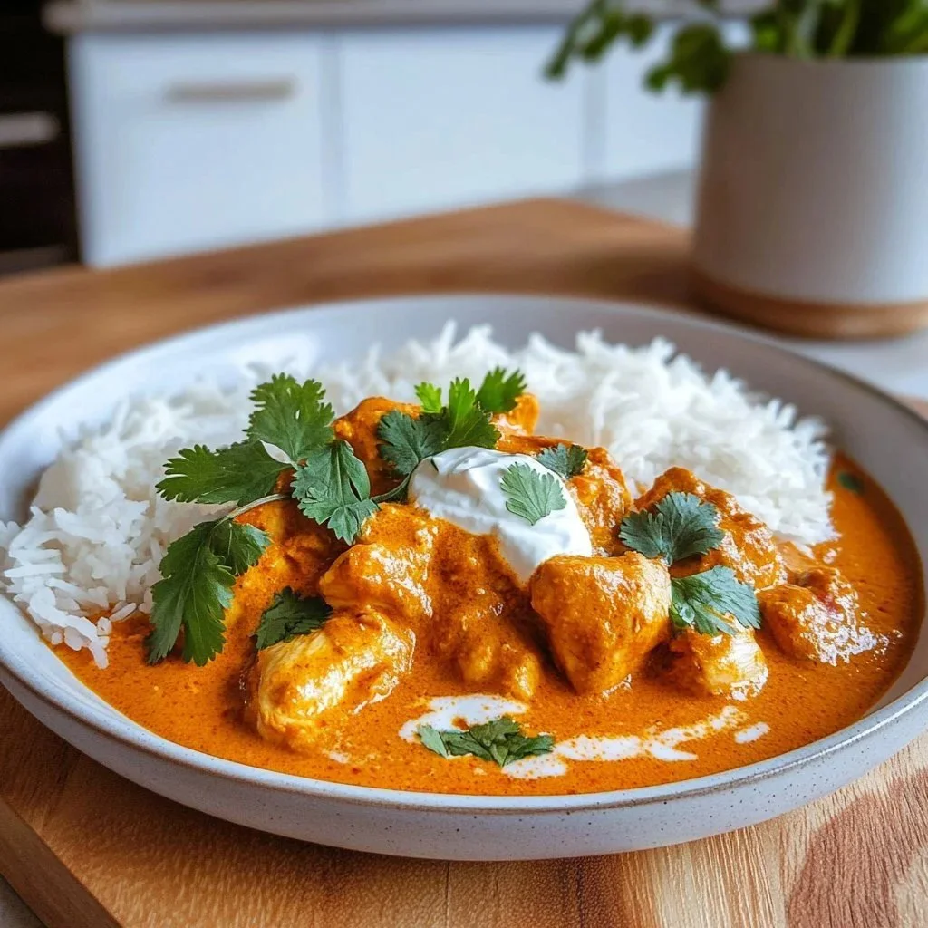 Creamy Butter Chicken Delight served with rice and naan