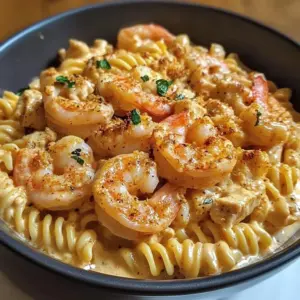 Creamy Cajun shrimp pasta with chicken served in a bowl.