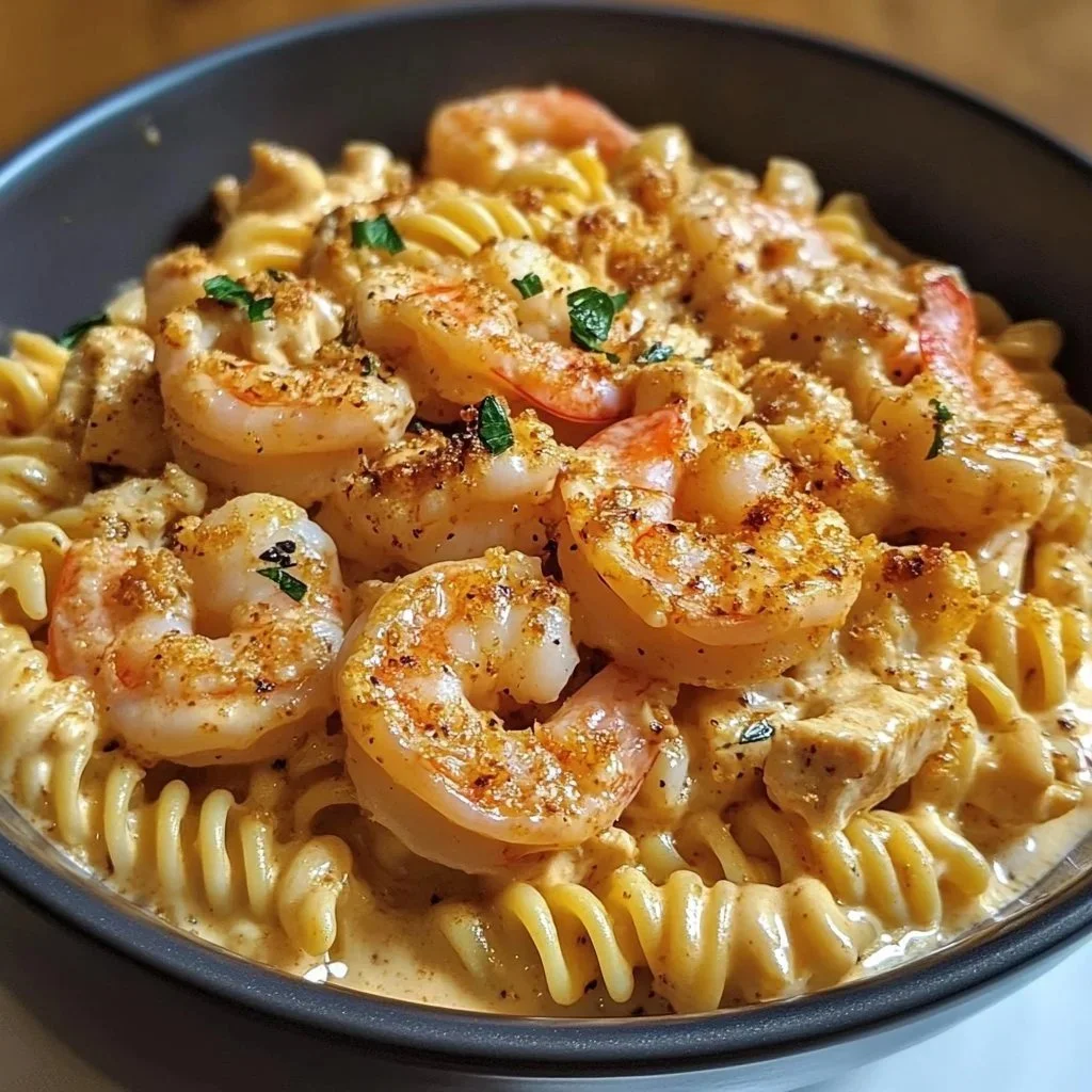 Creamy Cajun shrimp pasta with chicken served in a bowl.