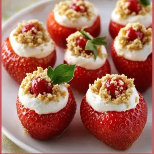 Delicious cheesecake stuffed strawberries topped with a creamy filling.