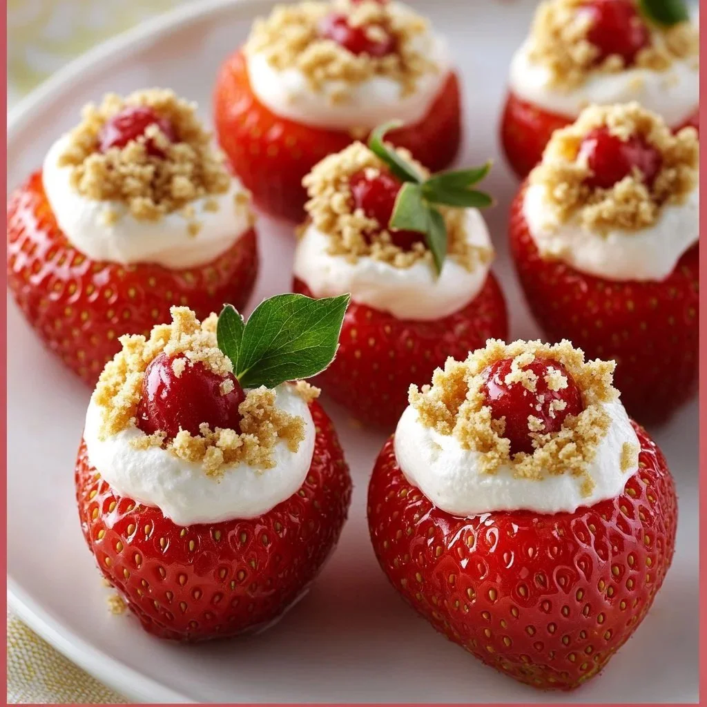 Delicious cheesecake stuffed strawberries topped with a creamy filling.