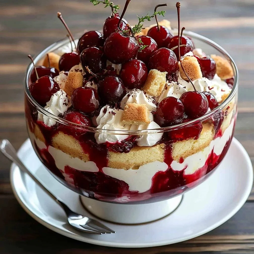 Creamy cherry cheesecake trifle with layers of cherries and creamy filling
