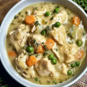 Creamy chicken and dumplings in a bowl, with herbs and spices garnishing the top.