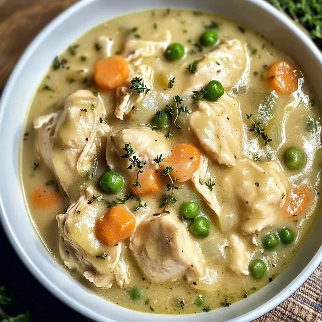 Creamy chicken and dumplings in a bowl, with herbs and spices garnishing the top.
