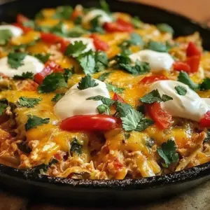 Creamy chicken fajita casserole with colorful peppers and melted cheese