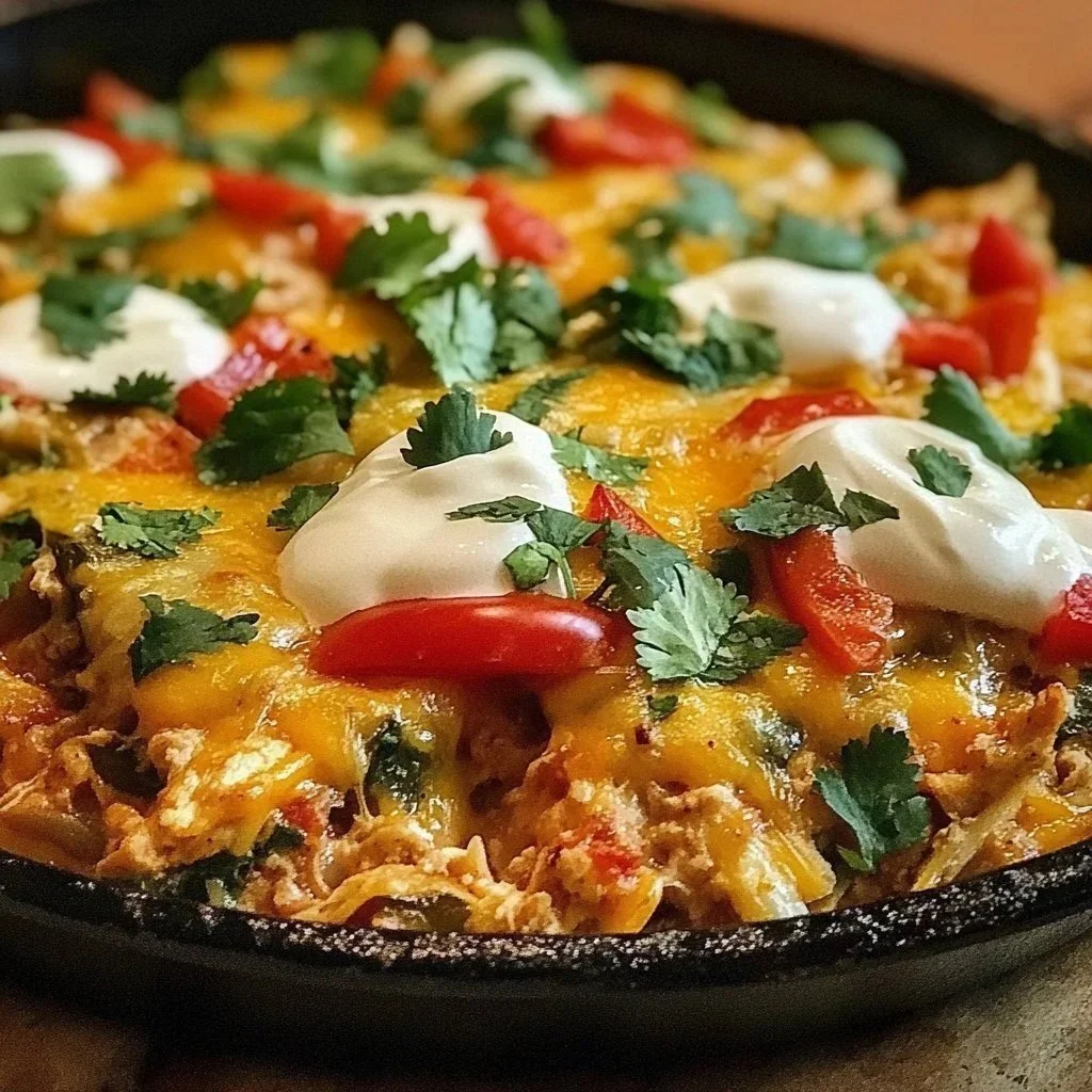 Creamy chicken fajita casserole with colorful peppers and melted cheese