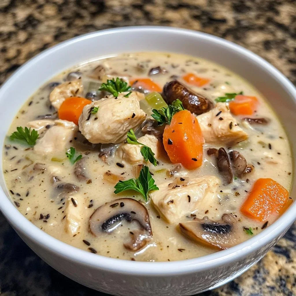 Creamy chicken mushroom wild rice dish served in a bowl