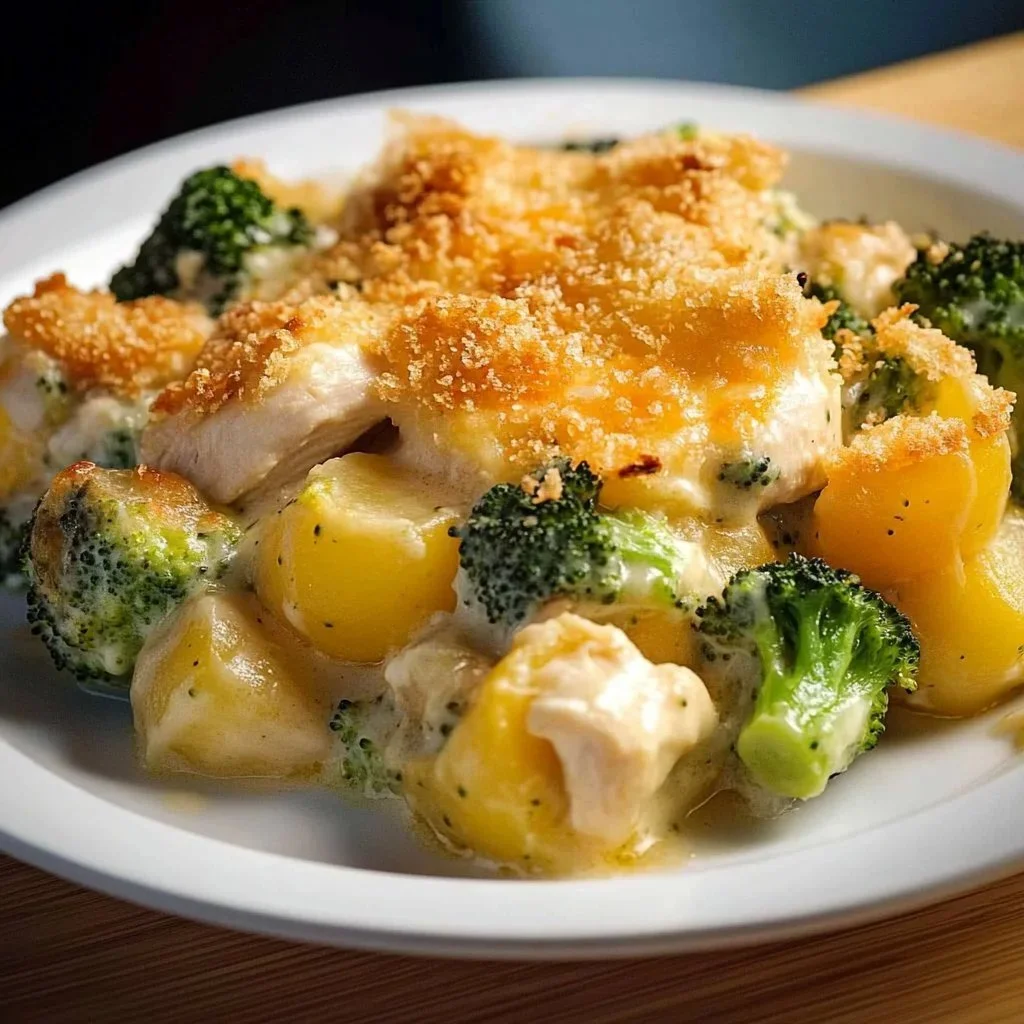 Creamy Chicken Potato Broccoli Bake served in a dish