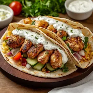 Delicious chicken gyros topped with creamy feta tzatziki sauce