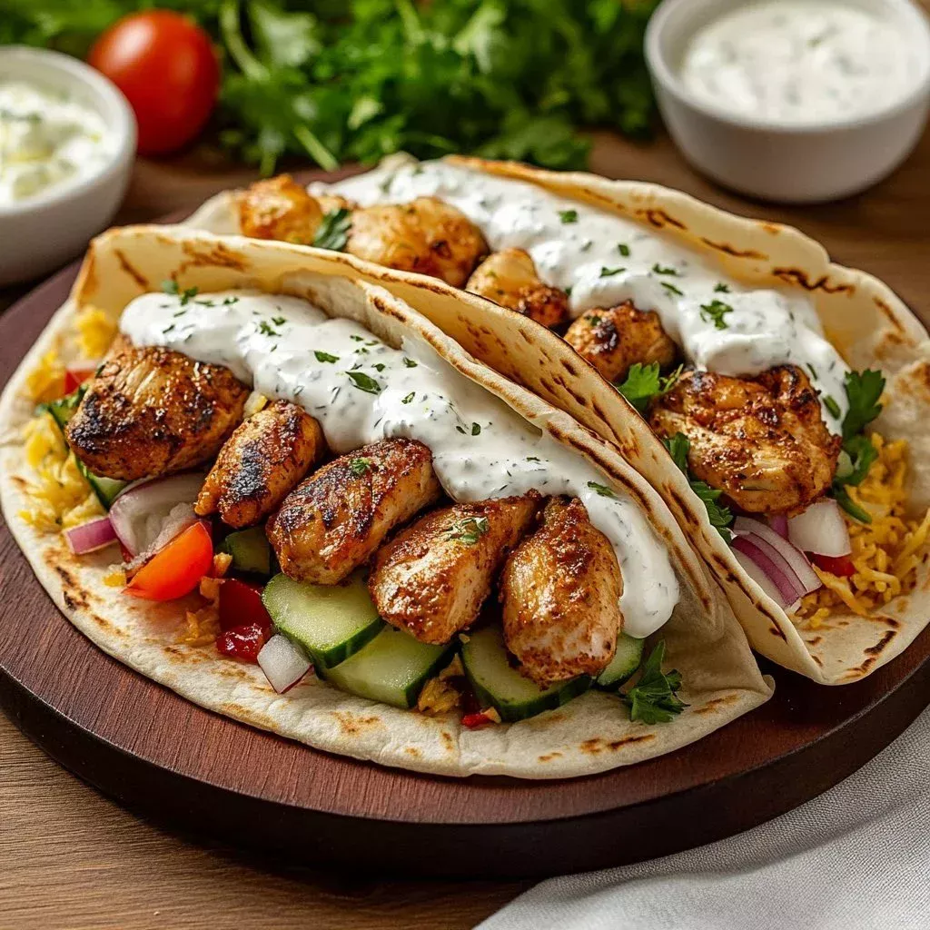 Delicious chicken gyros topped with creamy feta tzatziki sauce