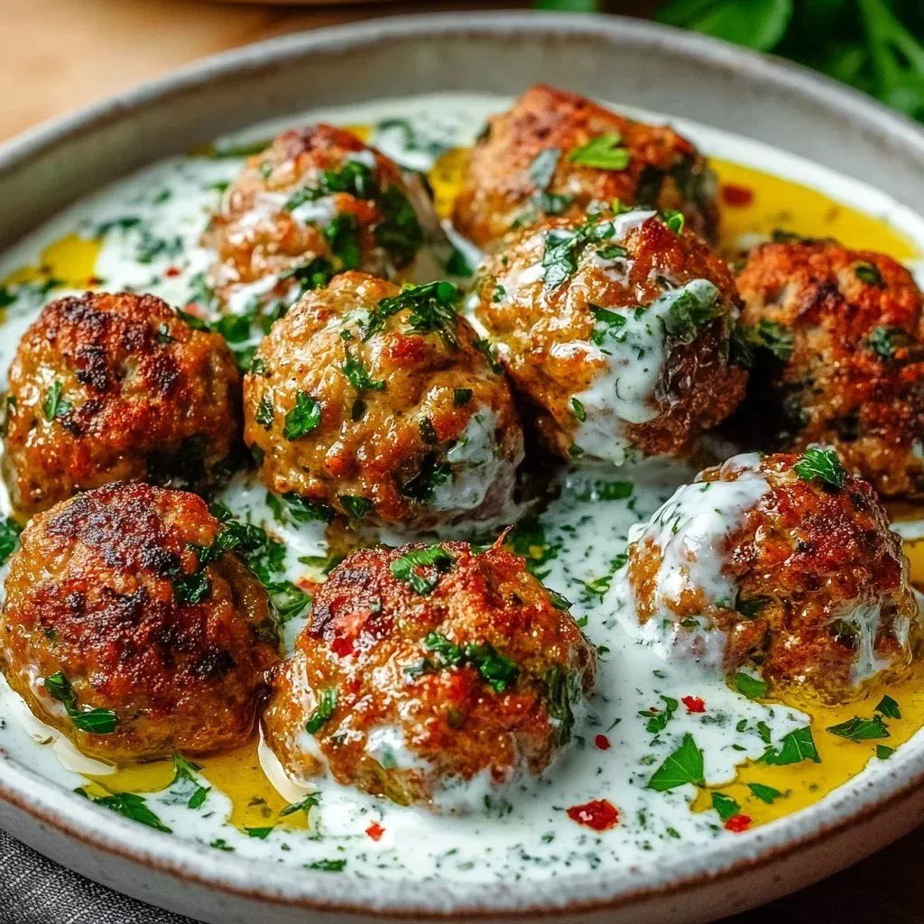 Creamy Garlic Yogurt Chicken Kofta served garnished with herbs
