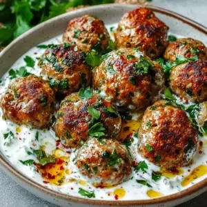 Creamy garlic yogurt chicken kofta served with fresh herbs
