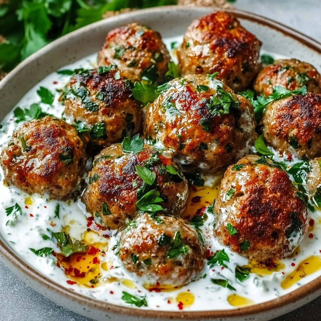 Creamy garlic yogurt chicken kofta served with fresh herbs