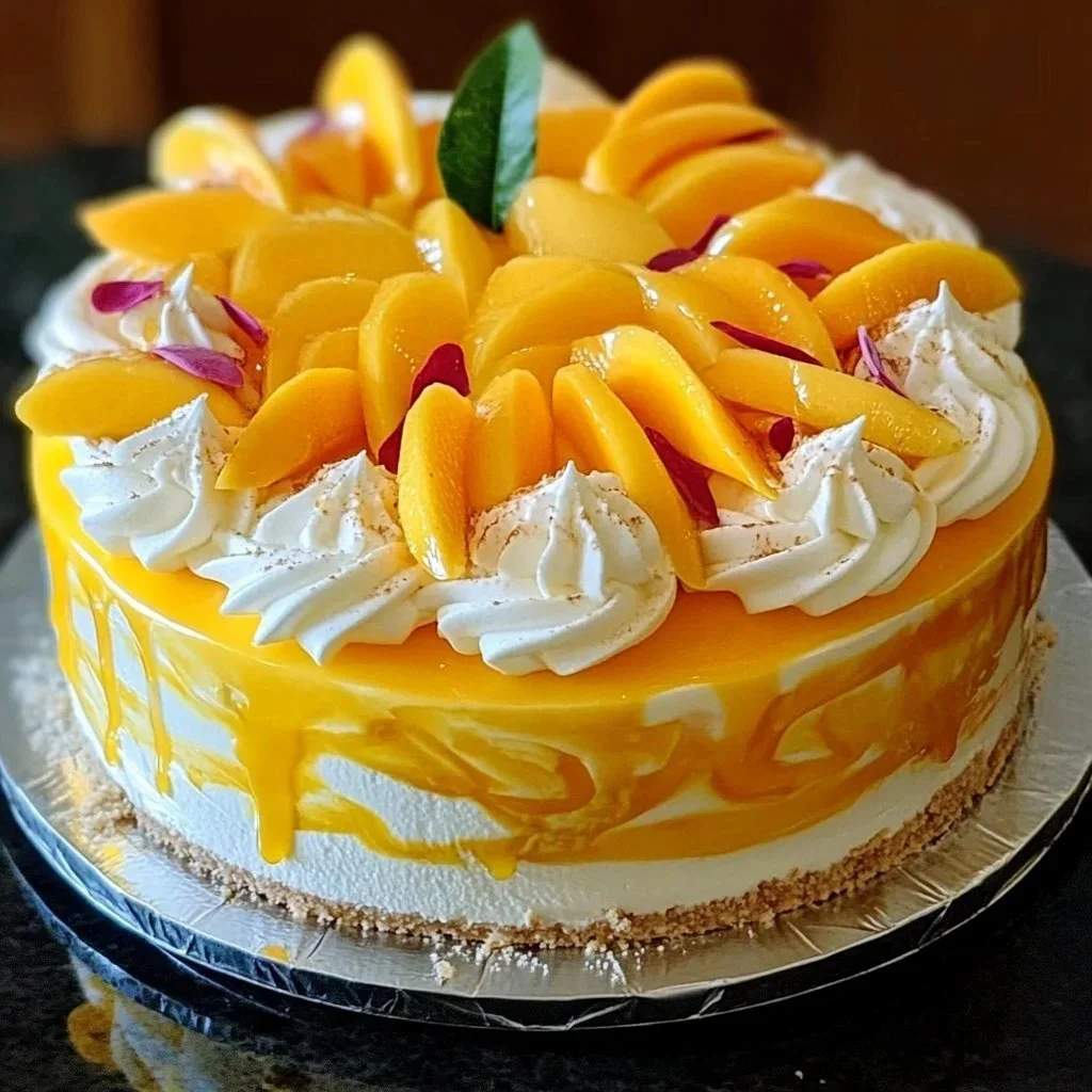 Delicious creamy mango mousse cheesecake topped with fresh mango slices