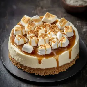 Delicious creamy marshmallow cheesecake topped with fluffy marshmallows and chocolate drizzle.