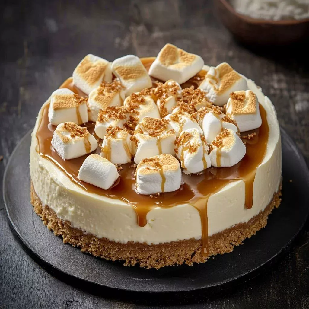 Delicious creamy marshmallow cheesecake topped with fluffy marshmallows and chocolate drizzle.