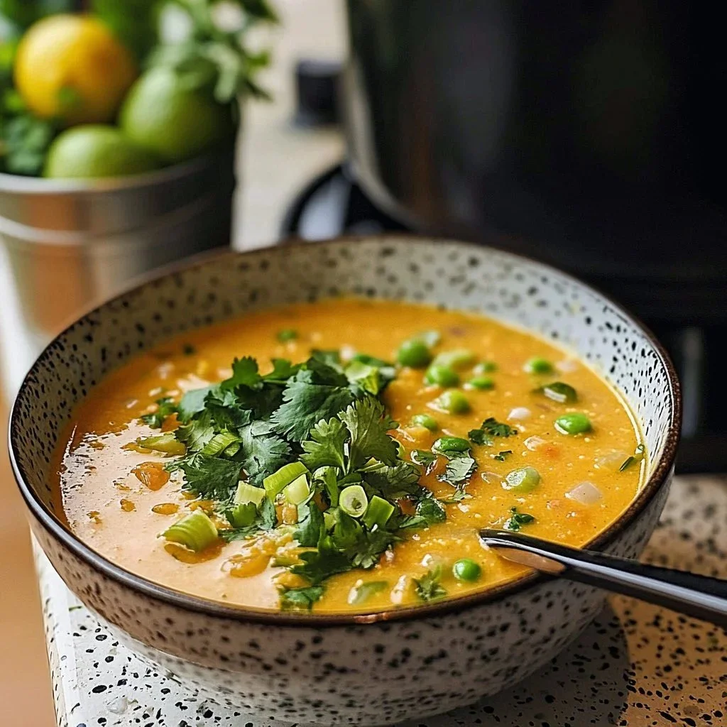 Bowl of creamy Mexican street corn soup topped with cilantro and lime