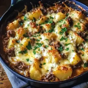 Creamy one-pan meat and potatoes skillet recipe with tender meat and flavorful potatoes