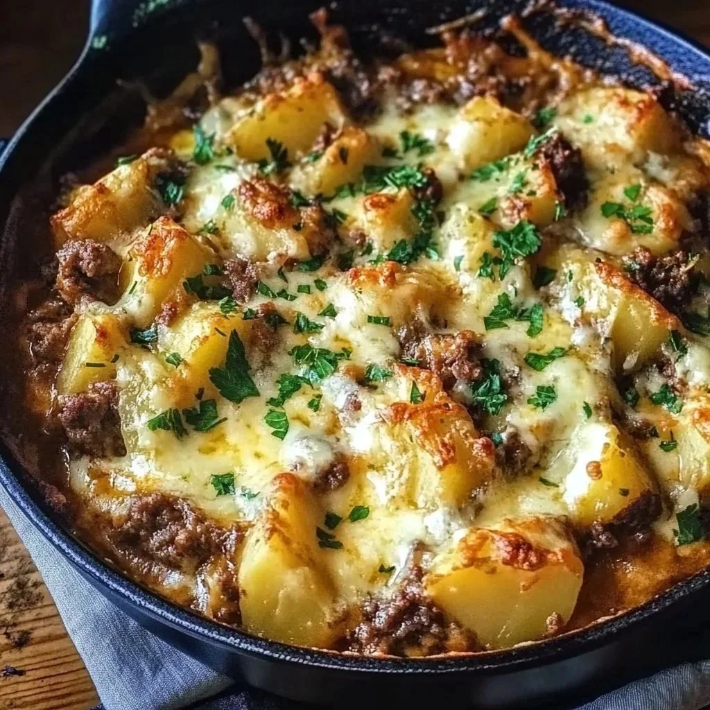 Creamy one-pan meat and potatoes skillet recipe with tender meat and flavorful potatoes
