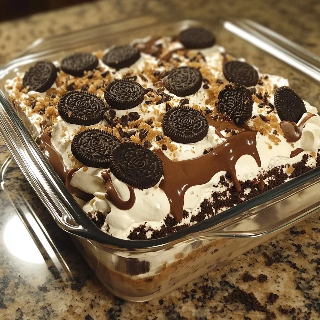 Delicious creamy Oreo Nutella lasagna dessert layered with chocolate and cream