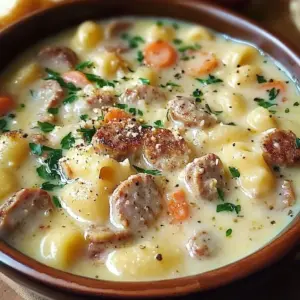 Bowl of creamy Parmesan sausage soup with fresh herbs and vegetables