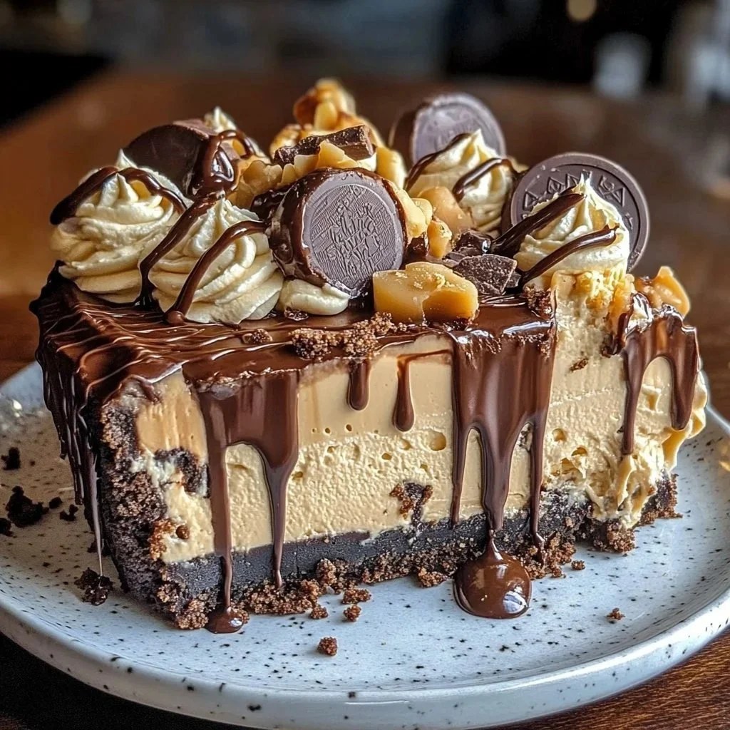 Slice of creamy Peanut Butter Cup Cheesecake topped with peanut butter cups