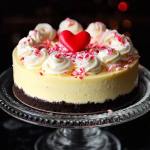 Creamy peppermint cheesecake topped with whipped cream and crushed peppermint