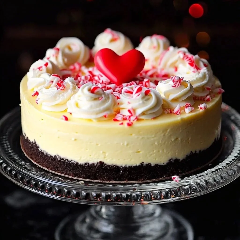 Creamy peppermint cheesecake topped with whipped cream and crushed peppermint