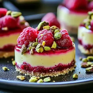 Creamy pistachio raspberry cheesecake topped with fresh raspberries and pistachios.