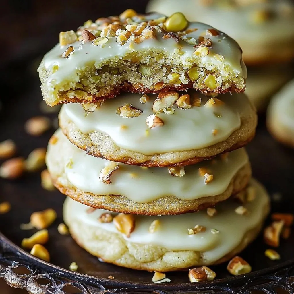 Creamy pistachio white chocolate cookies on a rustic wooden surface