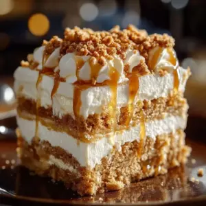 Creamy pumpkin lush dessert served in a glass dish with whipped topping and grahams