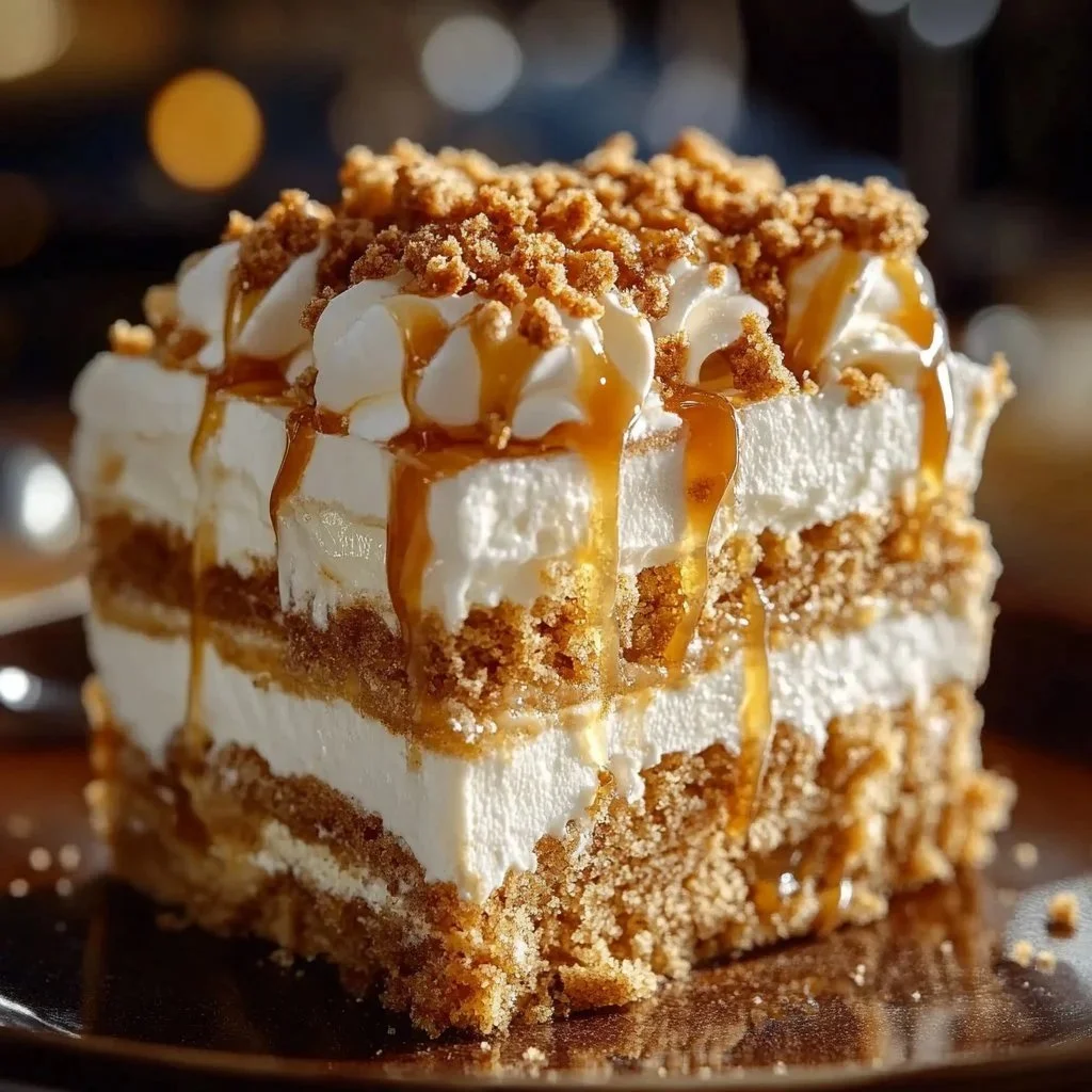Creamy pumpkin lush dessert served in a glass dish with whipped topping and grahams