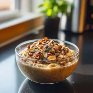 Bowl of creamy pumpkin overnight oats topped with nuts and spices