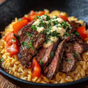 Creamy queso rice topped with flavorful steak for a hearty meal.
