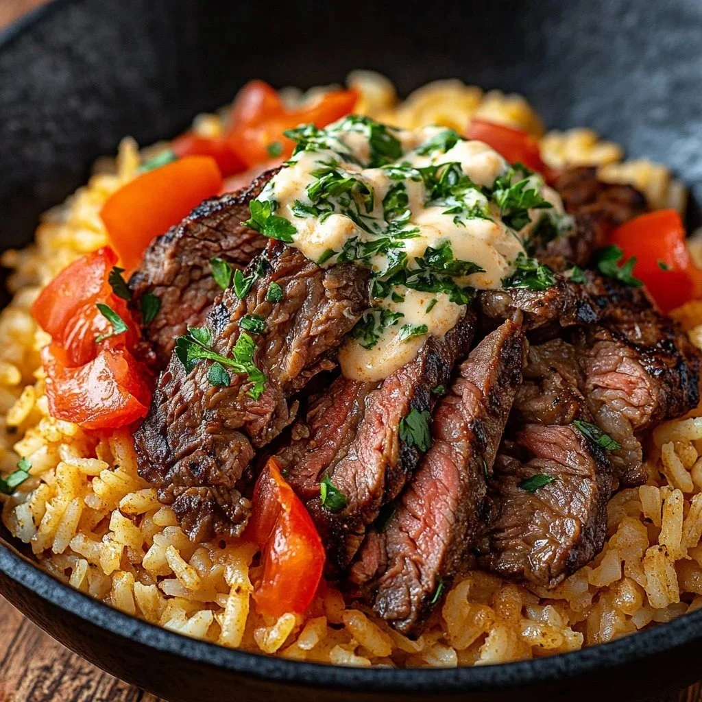 Creamy queso rice topped with flavorful steak for a hearty meal.