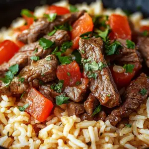 Creamy queso rice dish topped with savory steak strips