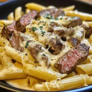 Creamy ranch steak garlic butter pasta served in a bowl with herbs