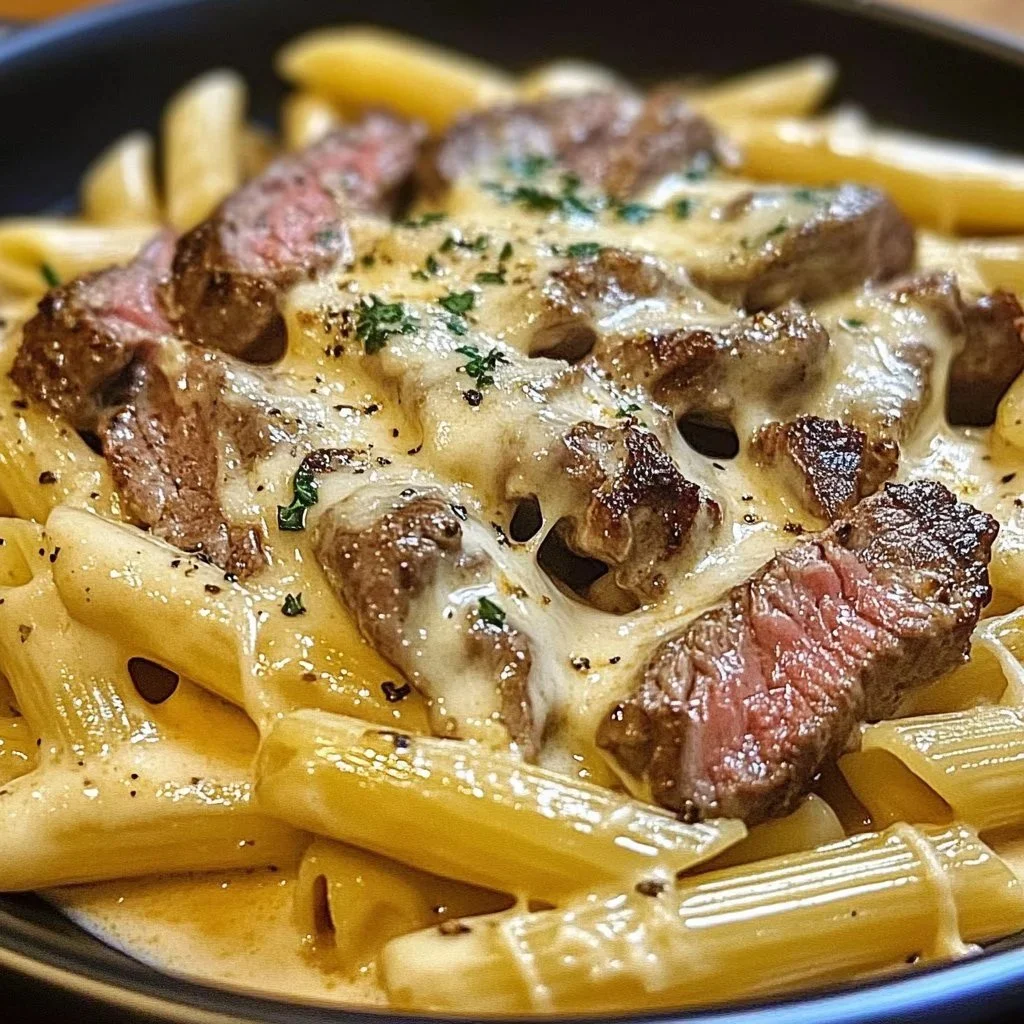 Creamy ranch steak garlic butter pasta served in a bowl with herbs