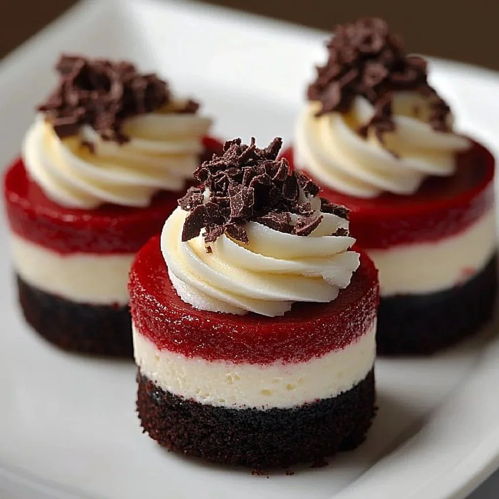 Creamy red velvet cheesecake cups topped with cream cheese frosting and chocolate shavings.