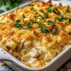 Creamy Ritz Chicken Casserole topped with buttery Ritz crackers