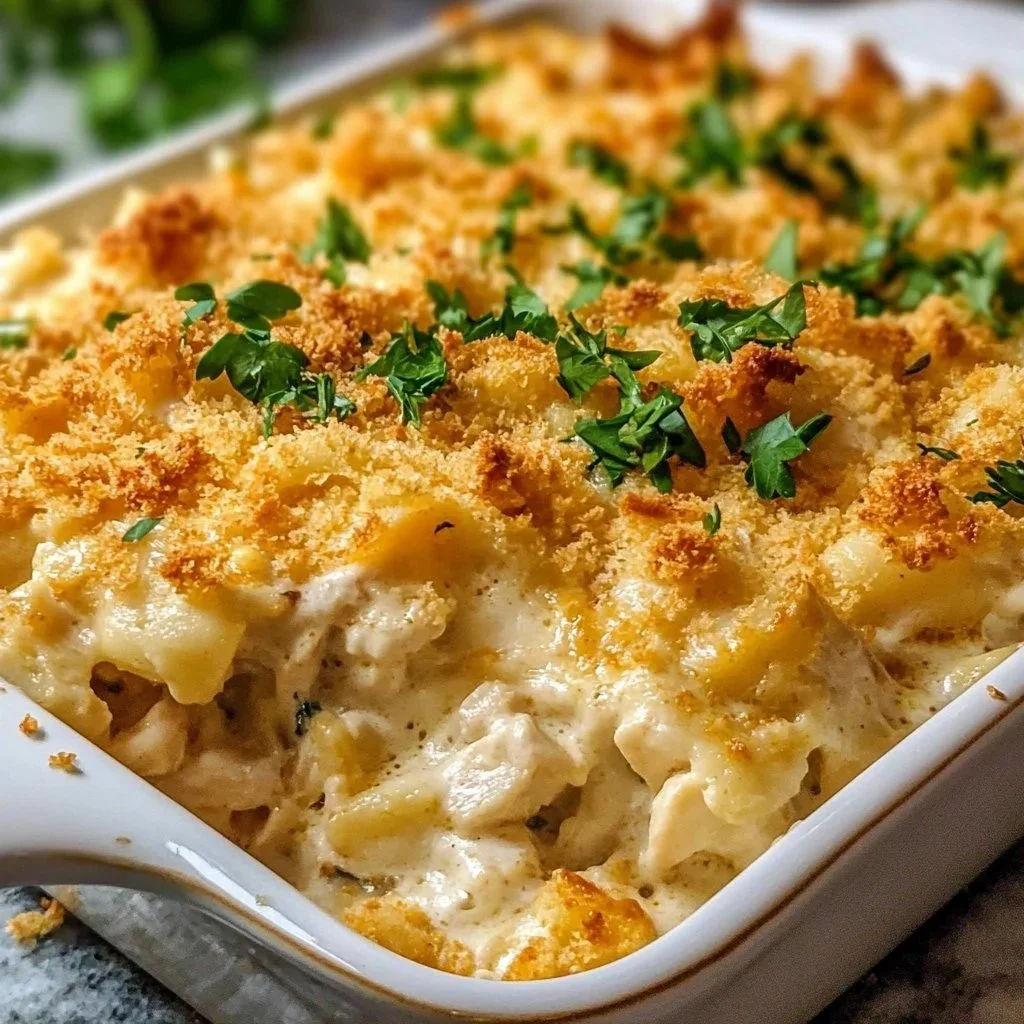 Creamy Ritz Chicken Casserole topped with buttery Ritz crackers