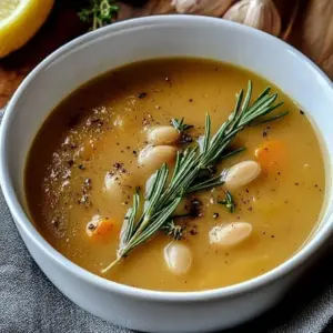 Creamy rosemary garlic white bean soup in a bowl, garnished with fresh herbs