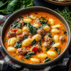 Bowl of creamy sausage gnocchi soup garnished with herbs