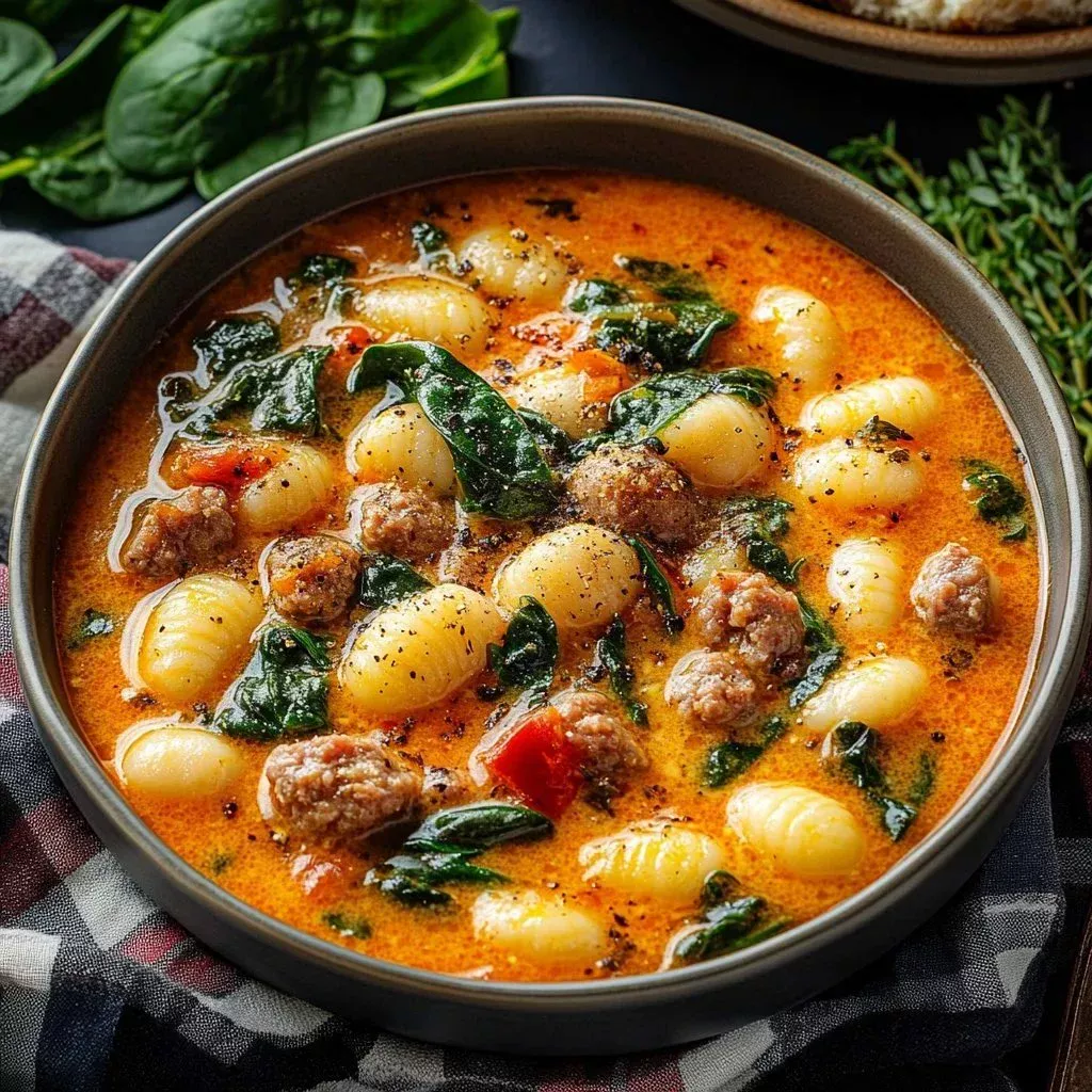 Bowl of creamy sausage gnocchi soup garnished with herbs
