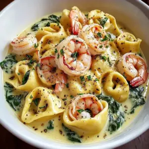 Creamy shrimp spinach tortellini served in a bowl with fresh herbs