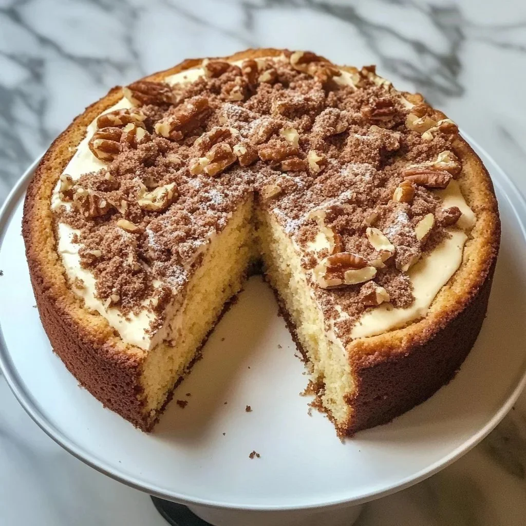 Delicious slice of creamy sour cream coffee cake with a crumbly topping