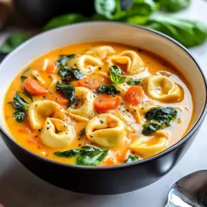 Bowl of creamy tortellini soup with fresh herbs and a sprinkle of cheese