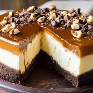Creamy turtle-inspired cheesecake topped with caramel, nuts, and chocolate